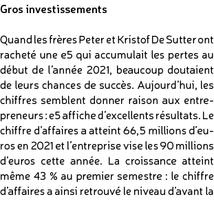 Gros investissements Quand les fr res Peter et Kristof De Sutter ont rachet une e5 qui accumulait les pertes au d bu...