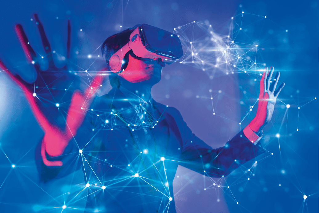 Metaverse digital cyber world technology, man with virtual reality VR goggle playing AR augmented reality game and entertainment, NFT game futuristic lifestyle