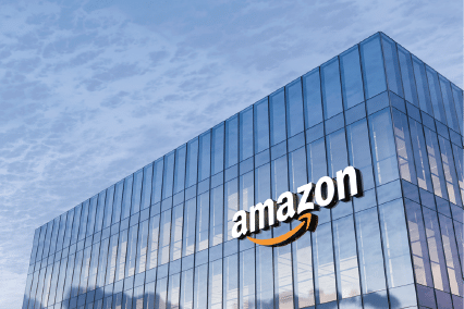 Seattle, WA, USA. February 18, 2021, Editorial Use Only, 3D CGI. Amazon Signage Logo on Top of Glass Building. Workplace E-commerce Company Office Headquarter.