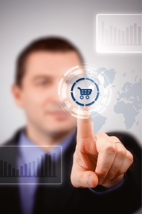 Young businessman choosing shopping cart symbol