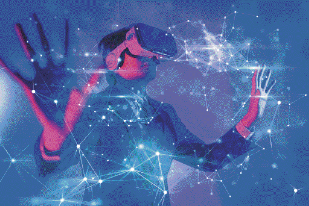 Metaverse digital cyber world technology, man with virtual reality VR goggle playing AR augmented reality game and entertainment, NFT game futuristic lifestyle