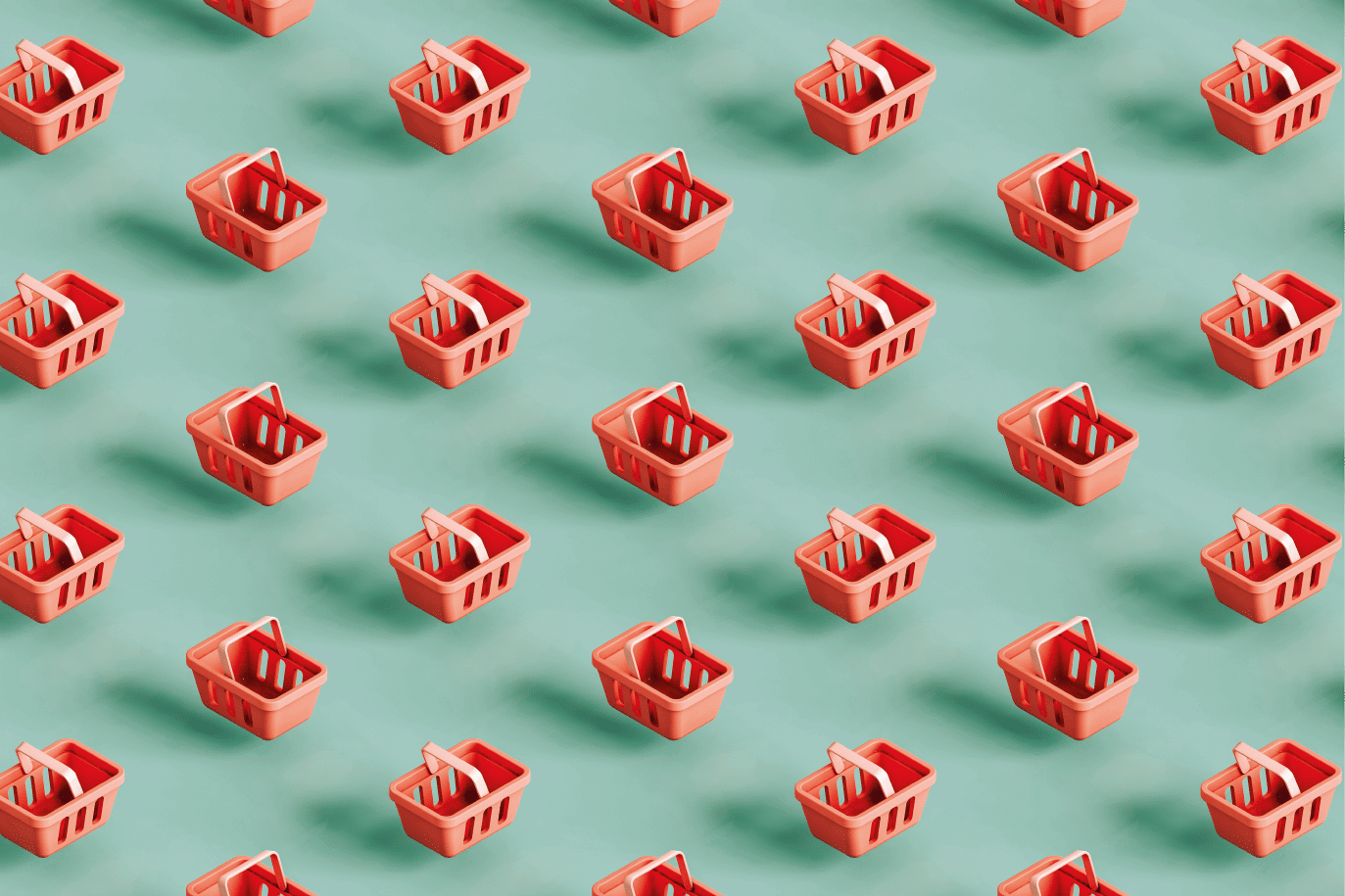 Isometric 3D illustration of seamless pattern of many supermarket baskets placed in lines on turquoise background.