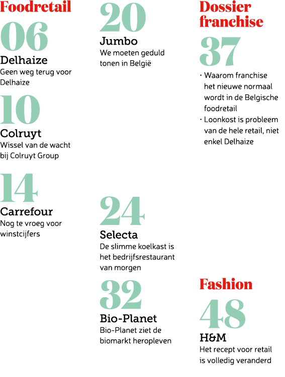 Foodretail 06 Delhaize Geen weg terug voor Delhaize 10 Colruyt Wissel van de wacht bij Colruyt Group 14 Carrefour Nog...