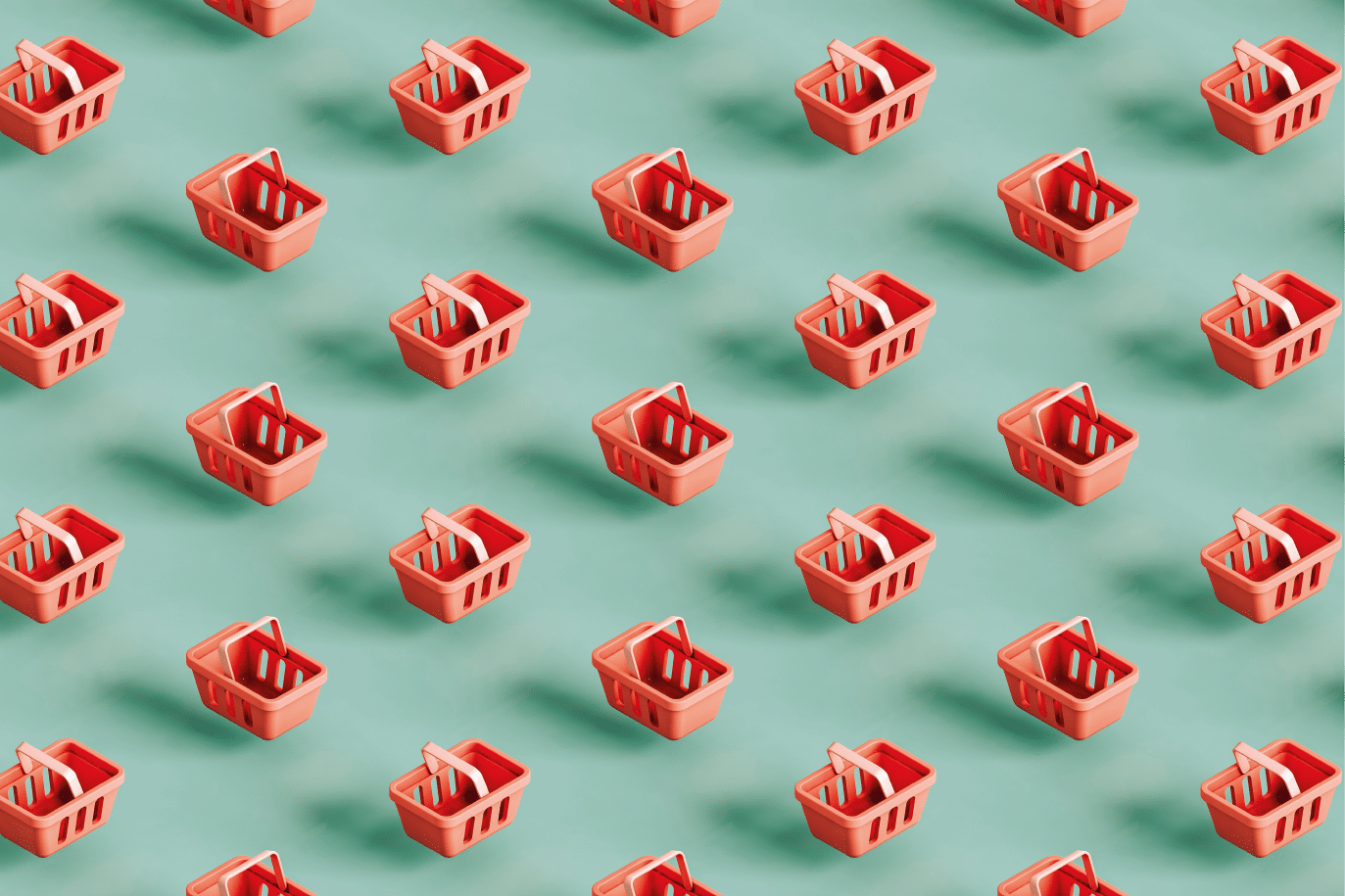 Isometric 3D illustration of seamless pattern of many supermarket baskets placed in lines on turquoise background.