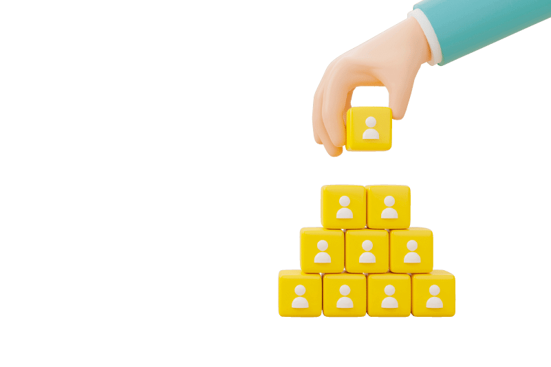 Human resources management and recruitment business build team concept, Hand putting cube block on top, Copy space. 3d rendering