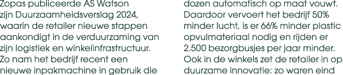 Zopas publiceerde AS Watson zijn Duurzaamheidsverslag 2024, waarin de retailer nieuwe stappen aankondigt in de verduu...