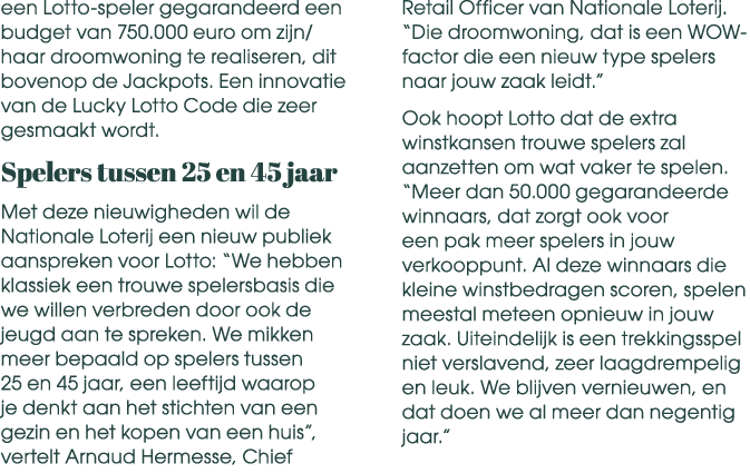 een Lotto speler gegarandeerd een budget van 750.000 euro om zijn/haar droomwoning te realiseren, dit bovenop de Jack...