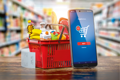 Shopping basket with fresh food and smartphone. Grocery supermarket, food and eats online buying and delivery concept. 3d illustration